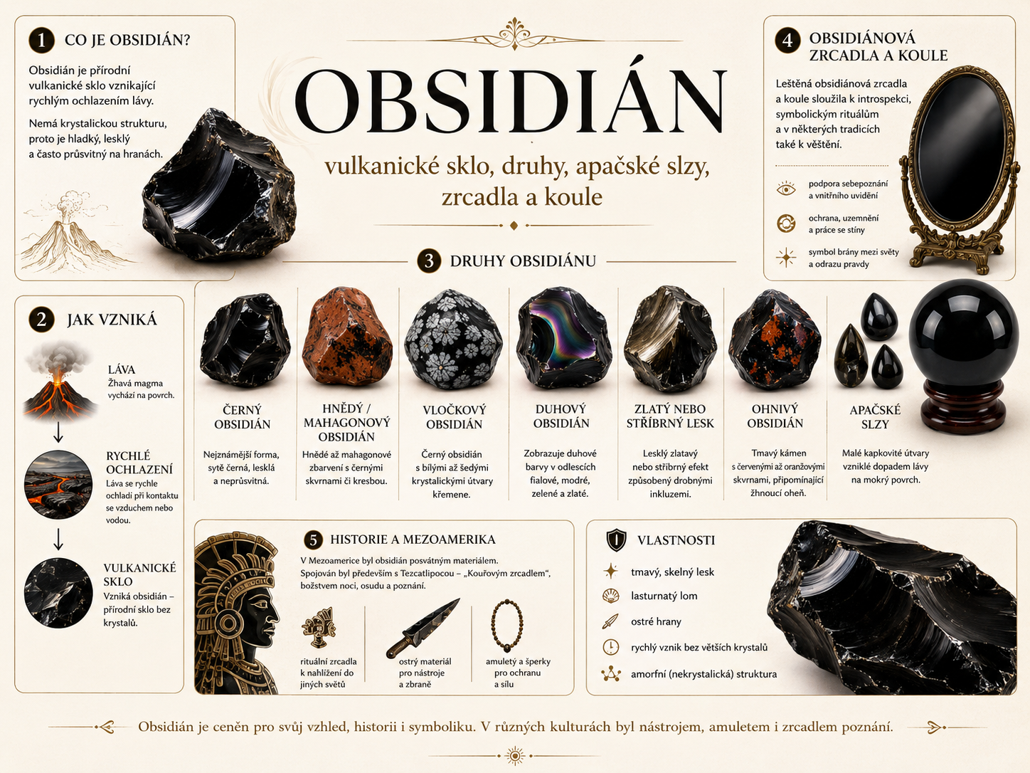 Obsidián – vznik, druhy, apačské slzy, zrcadla, koule a historie bez mýtů
